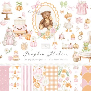 Può includere: Illustrazione ad acquerello con elementi e motivi a tema baby. Include un orsacchiotto, zucche, un cavallo a dondolo, una carrozzina e vari motivi. Il testo recita "Pumpkin Atelier".
