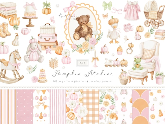Watercolor Pumpkin Clipart Set, Fall Baby Shower, Autumn Seamless Patterns (Digital Download)