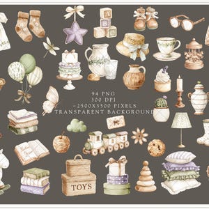 Aquarel Gentle Atelier clipart, erfstuk babyspeelgoed png, vintage kwekerij clipart, neutrale babyshower graphics, Engelse lente, digitaal afbeelding 8