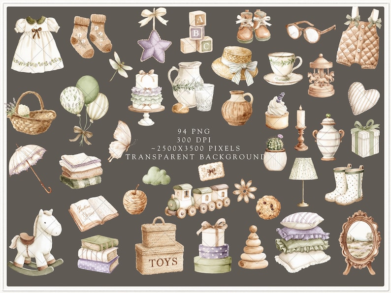 Aquarel Gentle Atelier clipart, erfstuk babyspeelgoed png, vintage kwekerij clipart, neutrale babyshower graphics, Engelse lente, digitaal afbeelding 8
