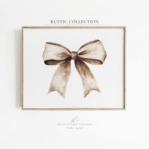Rustic Bow Wall Art Print, Neutral Farmhouse Ribbon Painting, Beige Vintage Decor, Minimal Elegant Printable Artwork, Digital Download