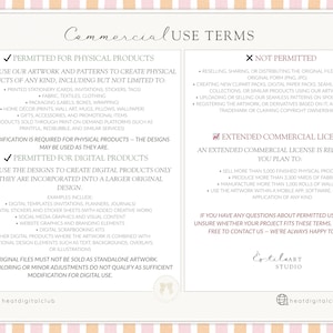 Op de afbeelding: Een beige en roze document met commerci&euml;le gebruiksvoorwaarden voor digitale kunstwerken. Het beschrijft toegestane en niet-toegestane toepassingen, inclusief fysieke en digitale producten, met een uitgebreide commerci&euml;le licentie.