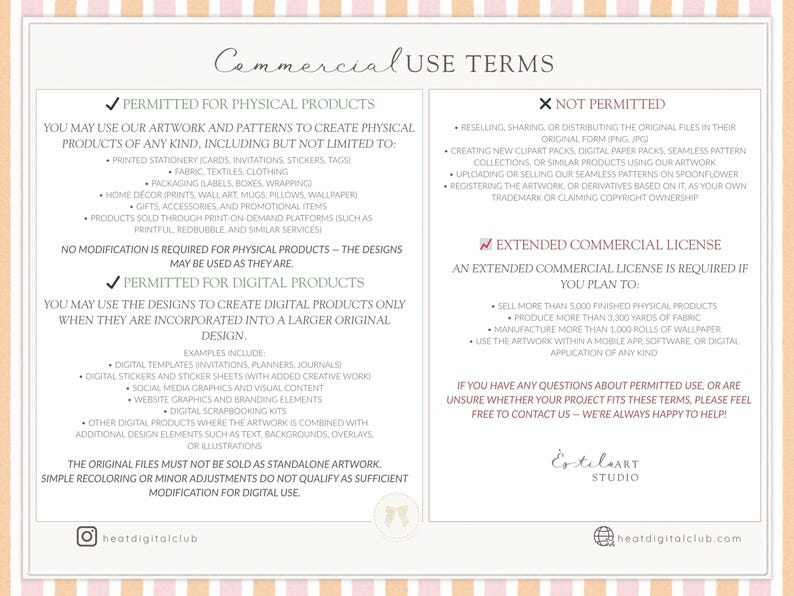 Op de afbeelding: Een beige en roze document met commerci&euml;le gebruiksvoorwaarden voor digitale kunstwerken. Het beschrijft toegestane en niet-toegestane toepassingen, inclusief fysieke en digitale producten, met een uitgebreide commerci&euml;le licentie.