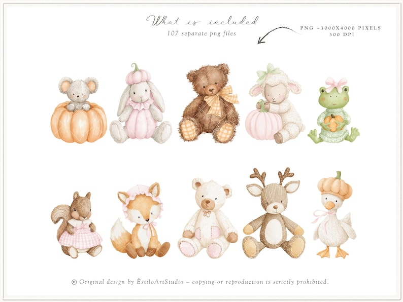 Op de afbeelding: Waterverfillustraties van tien schattige knuffeldieren, waaronder een koala, konijn, teddybeer, lam, kikker, eekhoorn, vos, beer, hert en eend. Elk dier is afgebeeld in een zacht, pastelkleurig palet, sommige houden pompoenen vast. De afbeelding bevat tekst met "What is included" en "107 separate png files."