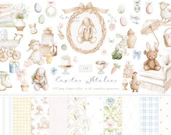 Aquarel paasatelier clipartset, erfstuk kwekerij Pasen png, pluche konijntje lam eend speelgoed png, pastel eieren clipart, digitale download