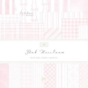 Puede incluir: Una colección de 20 patrones sin costuras en rosa y blanco. Los patrones incluyen rayas, cuadros y diseños de lazo. El texto "Pink Heirloom" y "hand made seamless patterns" se muestra en la imagen.