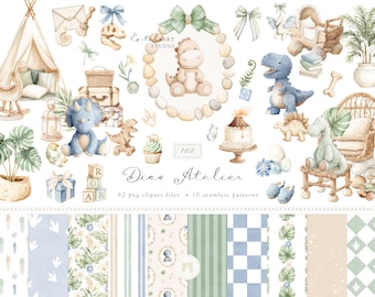 May include: Watercolor illustrations of dinosaurs and nursery decor in soft pastel colors. Includes a teepee, rocking horse, dinosaur toys, and seamless patterns. The text "Dino Atelier" is visible.