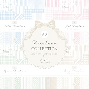 Puede incluir: Una colección de 80 patrones sin costuras hechos a mano en azul, rosa, verde y beige. Los patrones incluyen rayas, cuadros y otros diseños. El texto "Heirloom Collection" se muestra en una fuente decorativa.