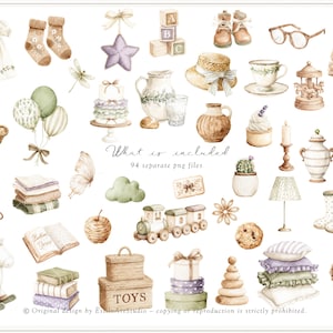 Aquarel Gentle Atelier clipart, erfstuk babyspeelgoed png, vintage kwekerij clipart, neutrale babyshower graphics, Engelse lente, digitaal afbeelding 4