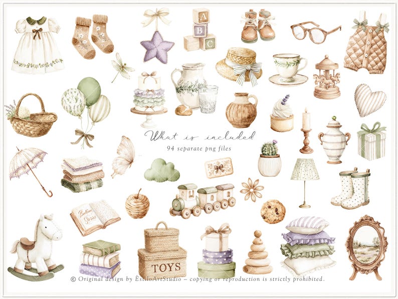 Aquarel Gentle Atelier clipart, erfstuk babyspeelgoed png, vintage kwekerij clipart, neutrale babyshower graphics, Engelse lente, digitaal afbeelding 4
