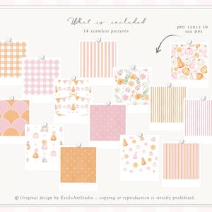 Op de afbeelding: Een verzameling van 14 naadloze patronen met verschillende ontwerpen, waaronder ruitjes, strepen en pompoenillustraties. Het kleurenpalet bevat zachte tinten oranje, roze en wit. De tekst luidt "What is included" en "JPG 12x12 IN 300 DPI".