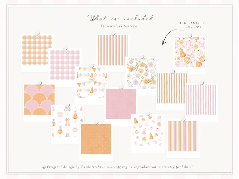 Op de afbeelding: Een verzameling van 14 naadloze patronen met verschillende ontwerpen, waaronder ruitjes, strepen en pompoenillustraties. Het kleurenpalet bevat zachte tinten oranje, roze en wit. De tekst luidt "What is included" en "JPG 12x12 IN 300 DPI".