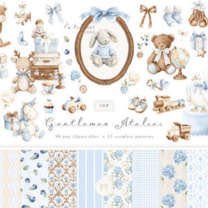 Op de afbeelding: Waterverfillustraties van baby-thema-items in zachte blauwe en bruine tinten. Inclusief een schommelkoe, teddyberen, een konijn in een lijst, speelgoed en patronen op de achtergrond. De tekst "Gentlemen Atelier" is zichtbaar.