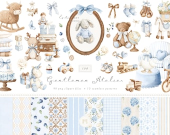 Aquarel Gentleman Atelier clipart, lichtblauw baby boy clipart, knuffels PNG, kinderkamer clipart, baby shower clipart, digitale download