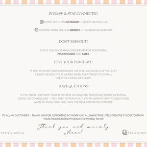 Op de afbeelding: Cr&egrave;mekleurige kaart met handgeschreven tekst. De tekst bevat "Volg & blijf in contact", "Mis het niet!" en "Houdt u van uw aankoop?" met social media handles en een bedankbericht.