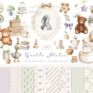 Clipart acquerello Gentle Atelier, PNG di giocattoli per bambini di famiglia, Clipart vintage per cameretta dei bambini, Grafica neutra per baby shower, Primavera inglese, Digitale