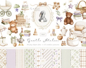 Aquarel clipart van een zacht atelier, erfgoed babyspeelgoed PNG, vintage kinderkamer clipart, neutrale babyshower afbeeldingen, Engelse lente, digitaal
