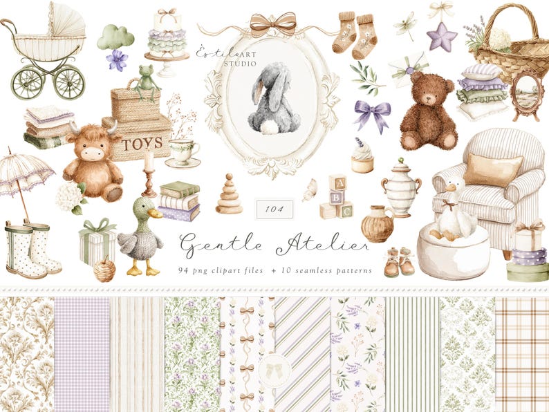 Aquarel Gentle Atelier clipart, erfstuk babyspeelgoed png, vintage kwekerij clipart, neutrale babyshower graphics, Engelse lente, digitaal afbeelding 1