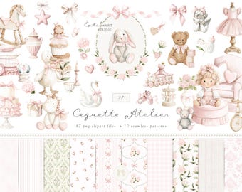 Aquarel coquette Atelier clipartset, zachtroze babymeisje clipart, knuffels PNG, kinderkamer clipart, baby shower clipart, digitale download