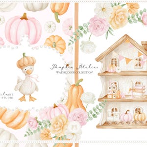 Op de afbeelding: Waterverfillustratie met pompoenen, bloemen en een poppenhuis. De pompoenen zijn oranje, roze en wit. Een gans met een pompoenhoed staat in het midden. Het poppenhuis heeft een pompoen op het dak en een speelgoedtrein.