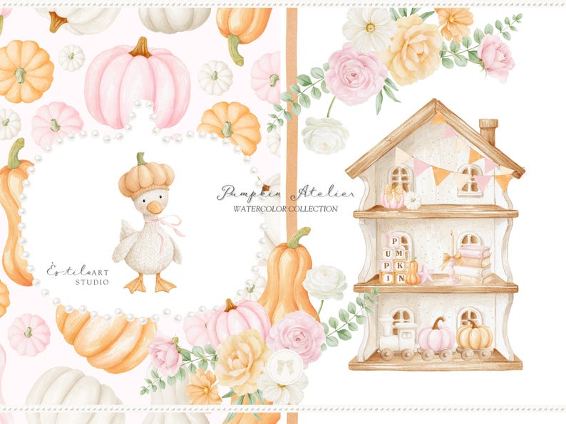Op de afbeelding: Waterverfillustratie met pompoenen, bloemen en een poppenhuis. De pompoenen zijn oranje, roze en wit. Een gans met een pompoenhoed staat in het midden. Het poppenhuis heeft een pompoen op het dak en een speelgoedtrein.