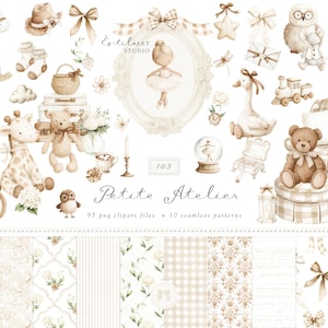 May include: Watercolor illustrations of nursery decor and patterns in soft beige and cream tones. Includes a rocking horse, teddy bears, a giraffe, a ballerina, and various decorative elements. The text reads "Petite Atelier".