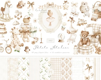 Aquarel Petite Atelier clipart, erfstuk babyspeelgoed png, vintage kwekerij clipart, neutrale babyshower graphics, knuffels digitale download