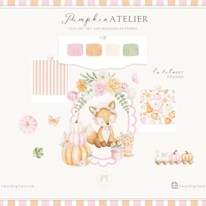 Op de afbeelding: Een digitale kunstset genaamd "Pumpkin Atelier" met een illustratie van een vos omringd door pompoenen en bloemen. Het ontwerp bevat een kleurenpalet van roze, oranje en groen, met naadloze patronen en clip-art elementen.