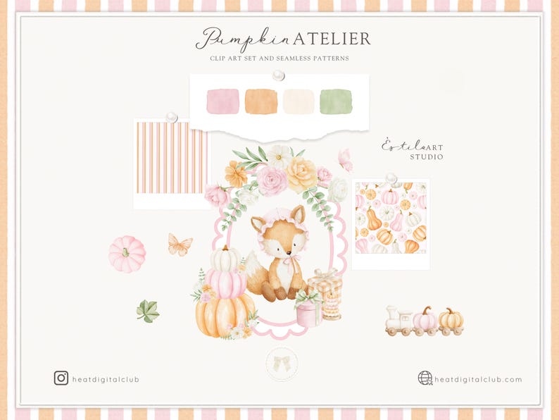 Op de afbeelding: Een digitale kunstset genaamd "Pumpkin Atelier" met een illustratie van een vos omringd door pompoenen en bloemen. Het ontwerp bevat een kleurenpalet van roze, oranje en groen, met naadloze patronen en clip-art elementen.