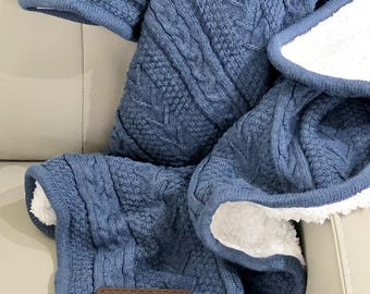 Personalized Cable Knit Throw Sherpa Blanket Custom Engraved Leather Patch Holiday Wedding Anniversary Gift