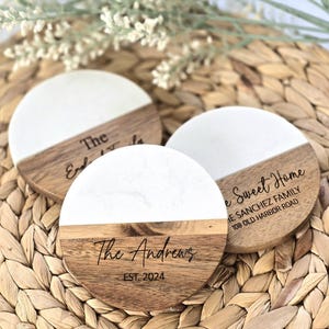 Personalized Wood and Marble Coasters Wedding Gift for Couple Realtor Closing Gift Custom Coaster Set Acacia Drink Coasters