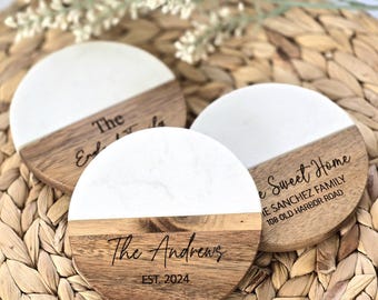 Personalized Wood and Marble Coasters Wedding Gift for Couple Realtor Closing Gift Custom Coaster Set Acacia Drink Coasters