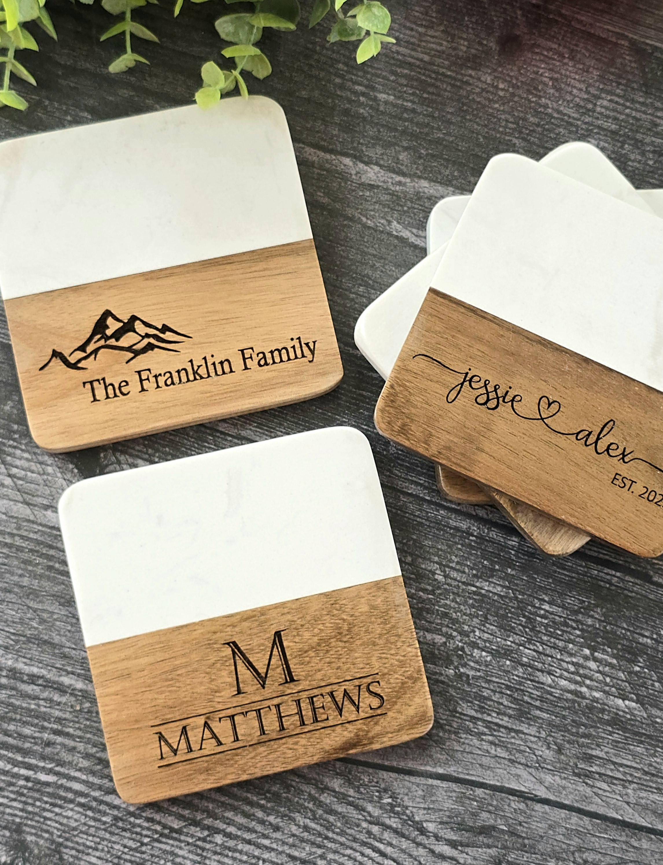 Custom Wood and Marble Coasters Personalized Coaster Set Housewarming ...