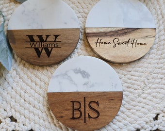 Custom Wood and Marble Coasters Personalized Coaster Set Housewarming Gift Realtor Closing Gift Wedding Gift Acacia Drink Coasters