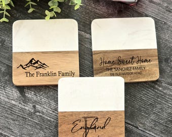 Wood and Marble Coasters Set of 4, Acacia Wood Drink Coasters, Housewarming Gift, Wedding Gift, Realtor Closing Gift