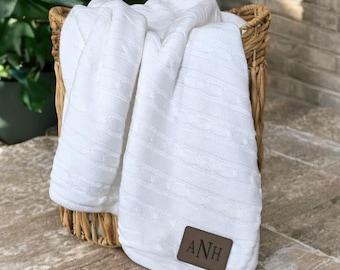 Personalized Cable Knit Sherpa Throw Blanket Monogrammed Gift Custom Christmas Gift for Mom Engraved Leather Patch