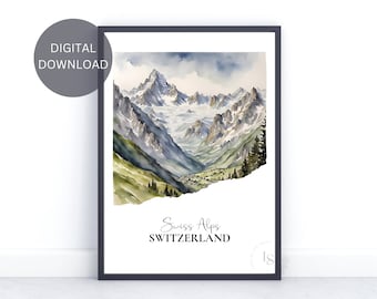 Swiss Alps, Switzerland | Wall Art Print | Watercolor Art| Travel Prints | Wall Décor | Digital Download | Printable Art | Traveler Landmark