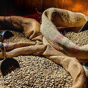 以下が含まれることがあります： 緑色のコーヒー豆で満たされた2つのジュート製の袋。1つの袋には金属製のスコップが入っており、もう1つの袋には金属製のスコップが一部出ています。