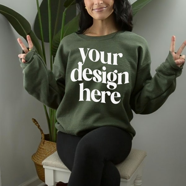 Gildan 18000 Military Green Sweatshirt Mockup | G180 Green Crewneck Mock-up | Model Mock | Gildan 18000 Military | Casual Everyday Aesthetic