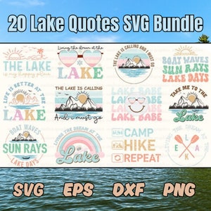 20 Lake Quotes SVG Paquete gráfico / Archivos para Cricut / Descarga digital instantánea / PNG / DXF / Eps / Naturaleza Svg / Senderismo / Montañas