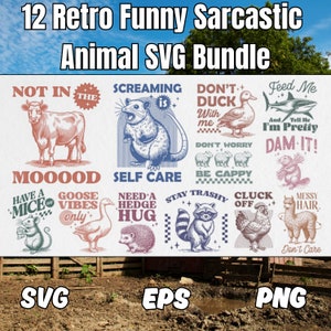 Pacote SVG de 12 animais sarcásticos retrô engraçados | Arquivos para Cricut | Download Digital | Download instantâneo de arquivos | Celeiro SVG | Gambá | Vaca