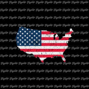 May include: A distressed, vintage-style American flag in the shape of the United States. The flag is red, white, and blue with a white star field.