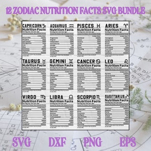 Ensemble de 12 graphiques SVG de la valeur nutritive du zodiaque | Fichiers pour Cricut | Valeur nutritive | Signe du zodiaque SVG | Horoscope Svg | Signes astrologiques