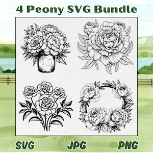 4 Peony SVG Graphic Bundle | Peony Clip Art | Flower Svg | Peony Flower Svg | Files for Cricut | Peonies Svg | Peony Silhouette | Peony PNG