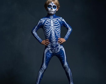 Kids Skeleton Bodysuit: Blue & White Bones Print - Custom Cosplay Costume