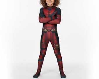 Deadpool 3 Kids Bodysuit – Red and Black Superhero Jumpsuit with Mask for Halloween Cosplay