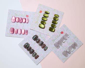 Glitter Cat-Eye Press On Nails Short, Summer Nail Art, Trendy Reusable Nails, Korean Minimalist Nail, Short Round Nail
