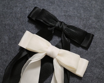 White Bow Ribbon Hair Barrettes, Elegant French Barrettes, Coquette Hair Bow, Bridal Hair Ribbon, Vintage Alligator Hair Clip