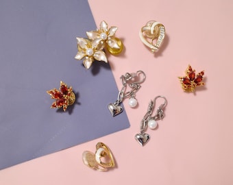 Maple Leaf No Pain Earrings, Clip On Earrings, PearlFlower Earrings, Heart Shape Non Pierced Earrings, Gifts for Her