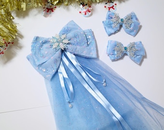 Frozen Elsa Inspired Hair Bow, Fancy Hair Clip, Sparkly Blue Glitter Tulle, Snowflake Tie for Princess Dress&Cosplay